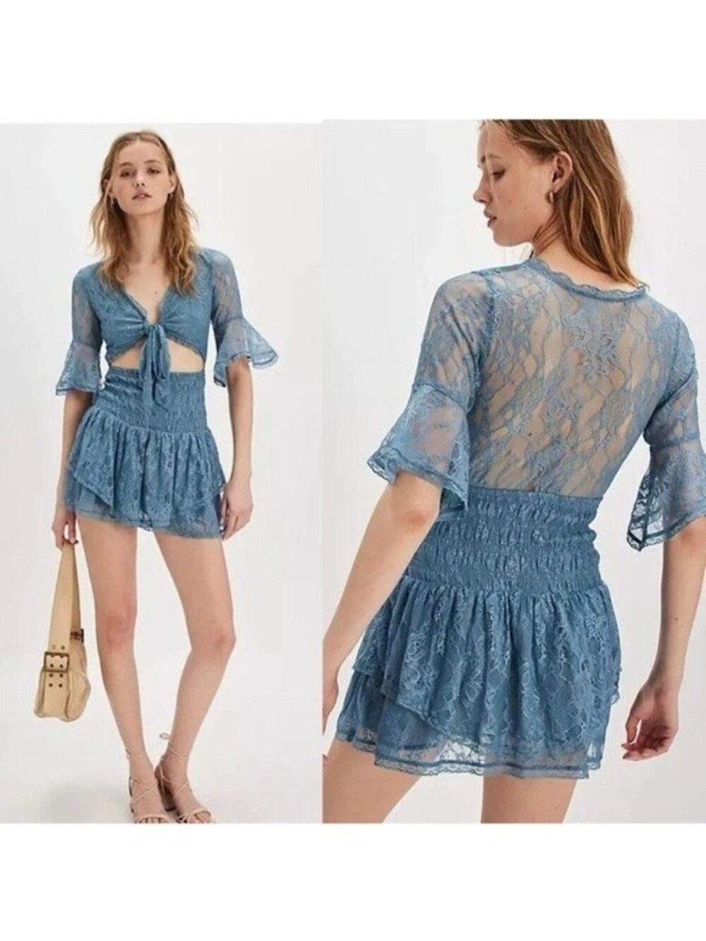 FREE PEOPLE Womens Large Lala Lace Mini Dress $128 Blue Sexy Boho Chic Festival
